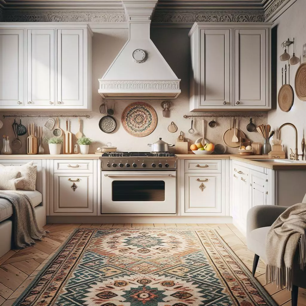 "Kitchen with retro-inspired area rugs, defining zones and complementing vintage decor in specific areas like the cooking zone, dining area, and prep station."