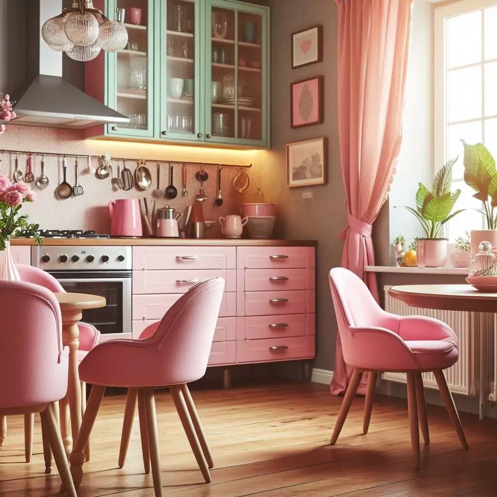 "Kitchen with pink accent chairs, infusing retro charm and a playful touch into the vintage aesthetic."