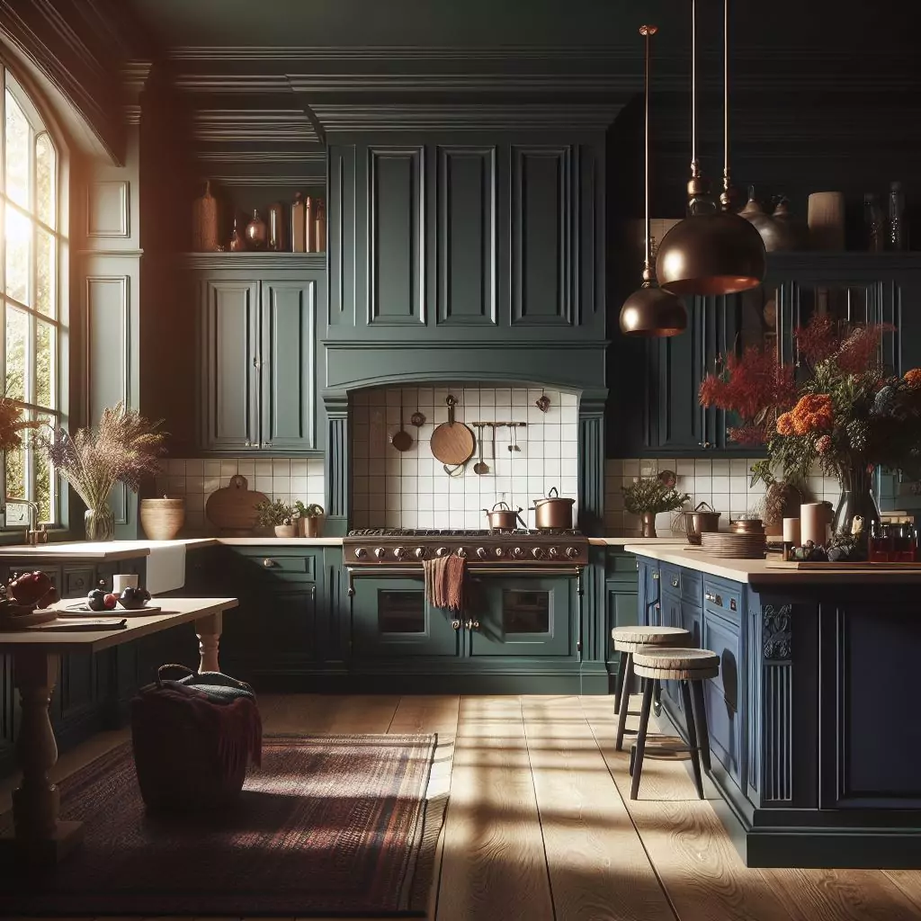 "Kitchen with a rich vintage palette, featuring deep hues like navy blue, forest green, or burgundy for a luxurious and vintage-inspired ambiance."