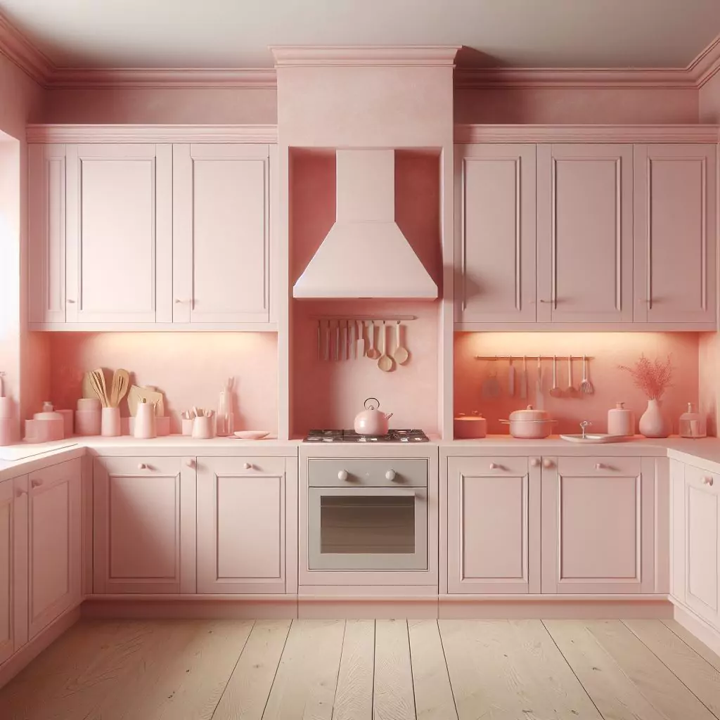 "Kitchen with cabinets painted in a soft pink hue, bringing elegance and warmth. The subtle yet sophisticated color choice adds charm and contemporary vibes, creating a visually appealing focal point for a stylish and inviting pink-themed kitchen."