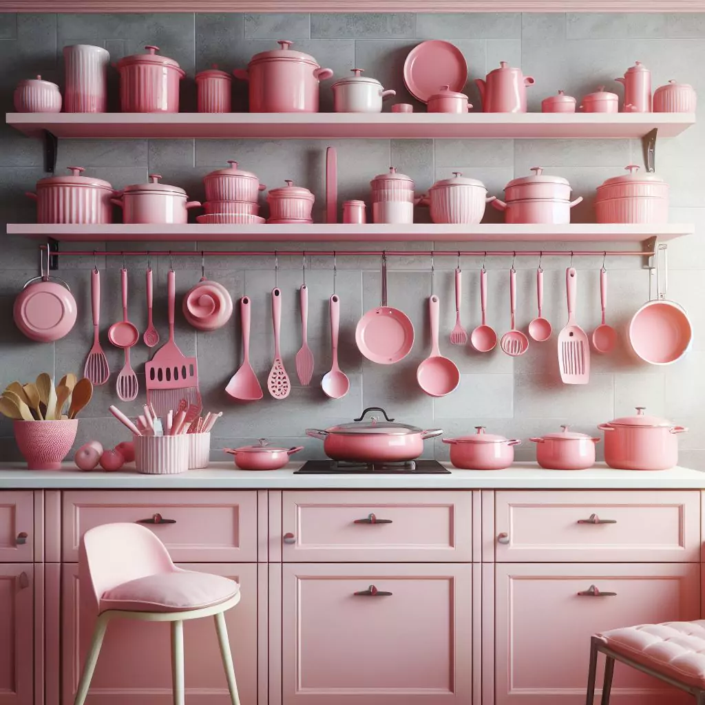 "Kitchen adorned with vibrant pink cookware, including pots, pans, and utensils. The stylish ensemble is prominently displayed on open shelving, creating a visually appealing and engaging focal point in the kitchen decor."