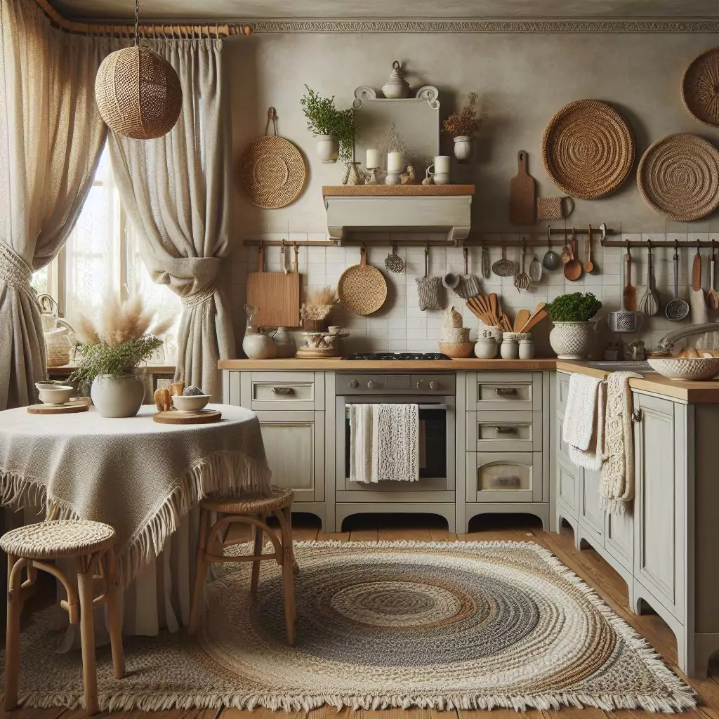 "Kitchen with character, featuring texture-rich neutrals like woven placemats, linen curtains, or braided rugs, adding depth and warmth to the culinary space."