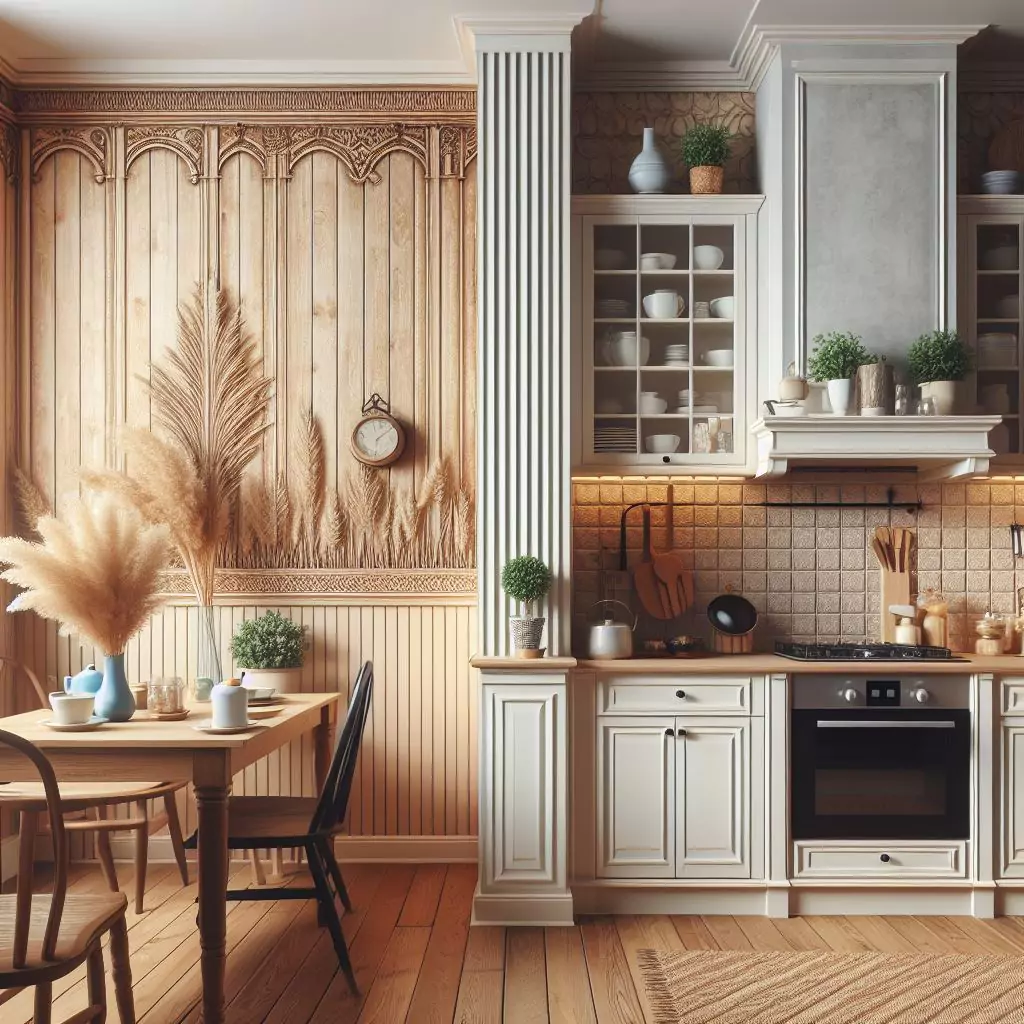 "Kitchen with textured walls, featuring beadboard, shiplap, or textured wallpaper for visual interest and a vintage-inspired backdrop that enhances the overall appeal."