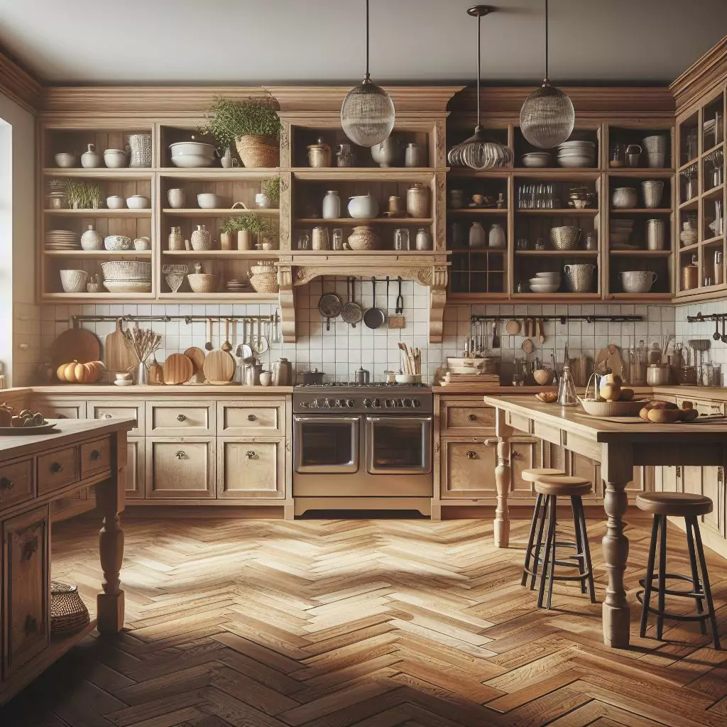  "Vintage-inspired kitchen with open floor-to-ceiling shelving, displaying antique dishes, rustic cookware, and classic essentials for a timeless and nostalgic atmosphere."