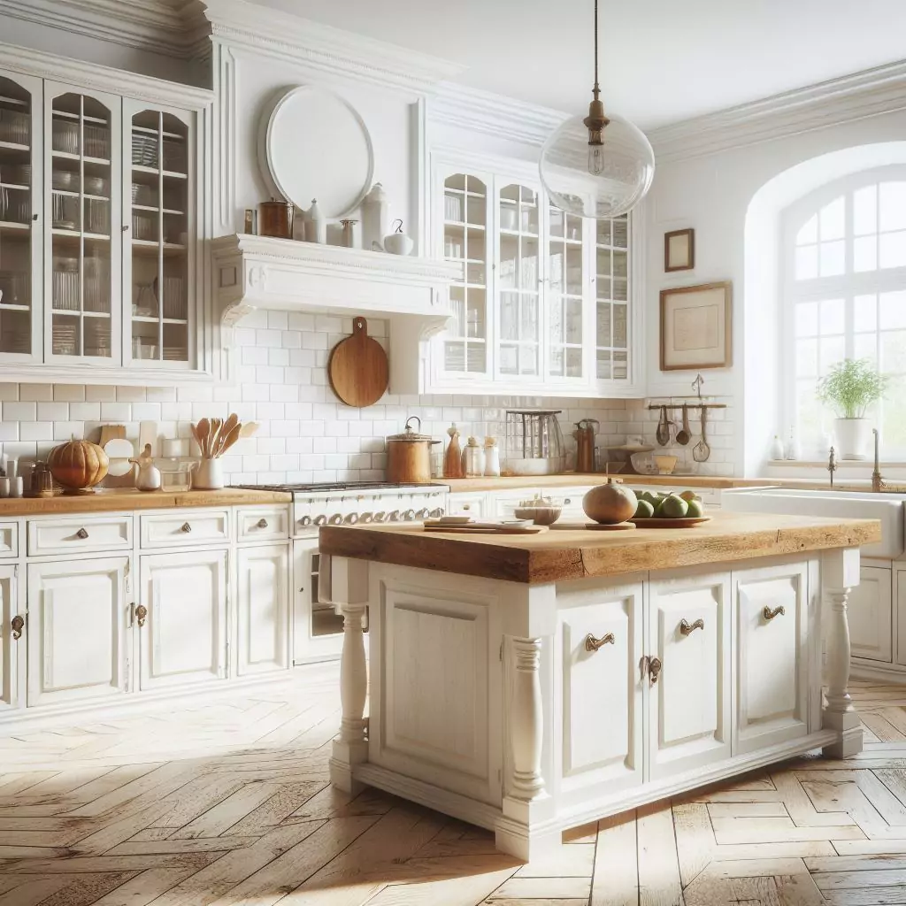 "Kitchen with crisp whites and vintage wood accents, creating a fresh and inviting space."