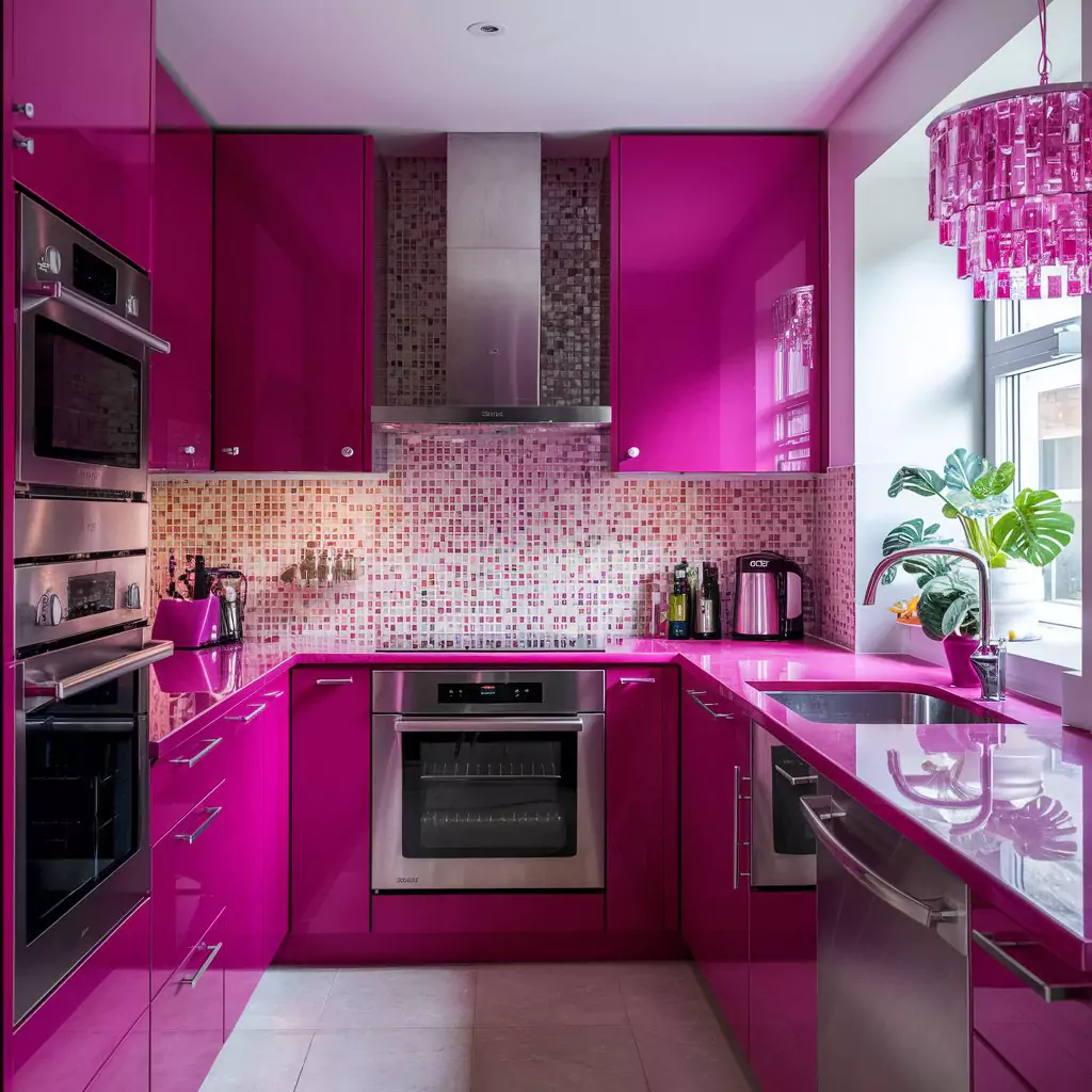 A captivating image of a modern kitchen adorned with a vibrant pink color palette. The cabinets and countertops are a bold fuchsia shade, contrasting beautifully with the sleek stainless steel appliances. The backsplash features a mosaic design in shades of pink and white, adding depth and texture to the space. A touch of greenery is introduced with a potted plant on a nearby windowsill, and a stylish pink chandelier hangs above the dining area.