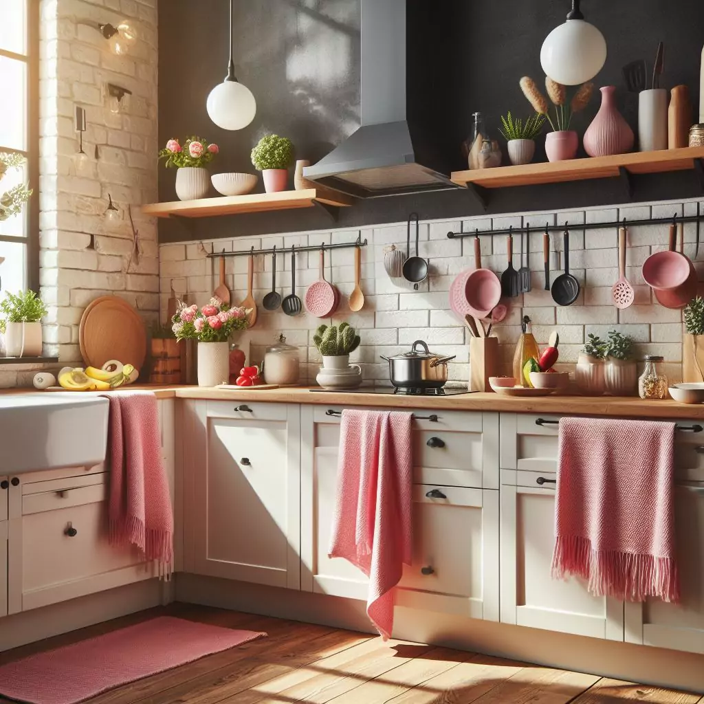 "A modern kitchen featuring vibrant pink towels, adding a stylish and functional accent to the space."

