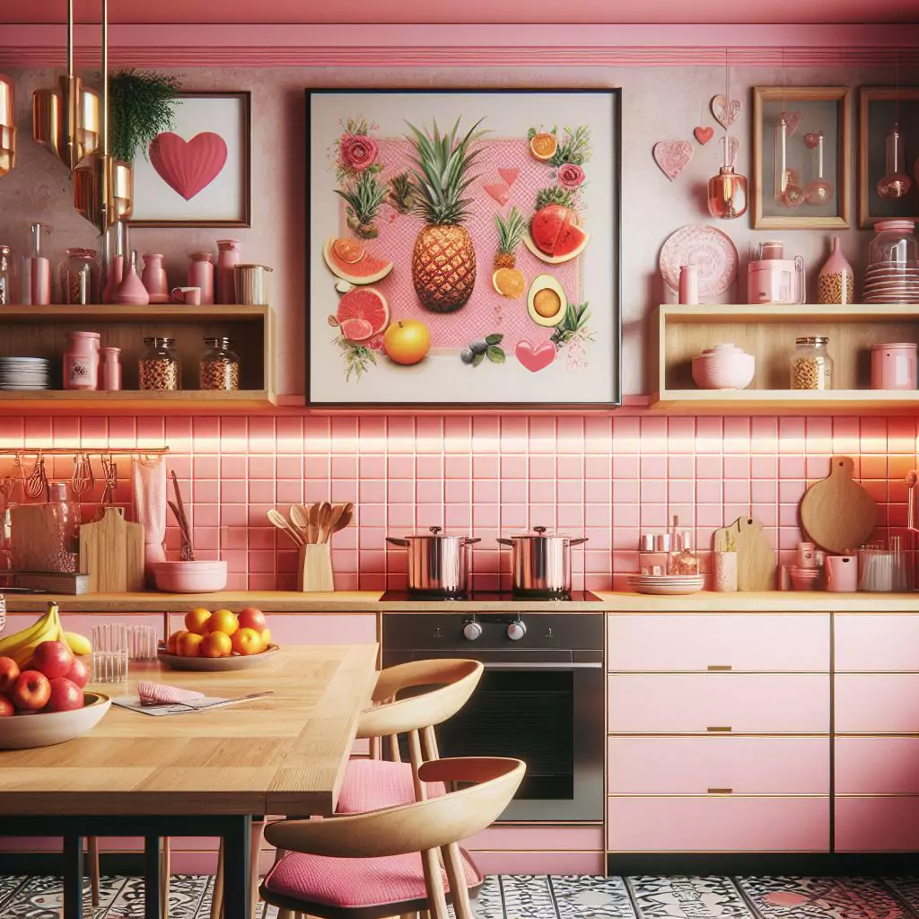 "Stylish kitchen with a vibrant and energetic atmosphere, showcasing a bold pink backsplash for a striking design statement."
