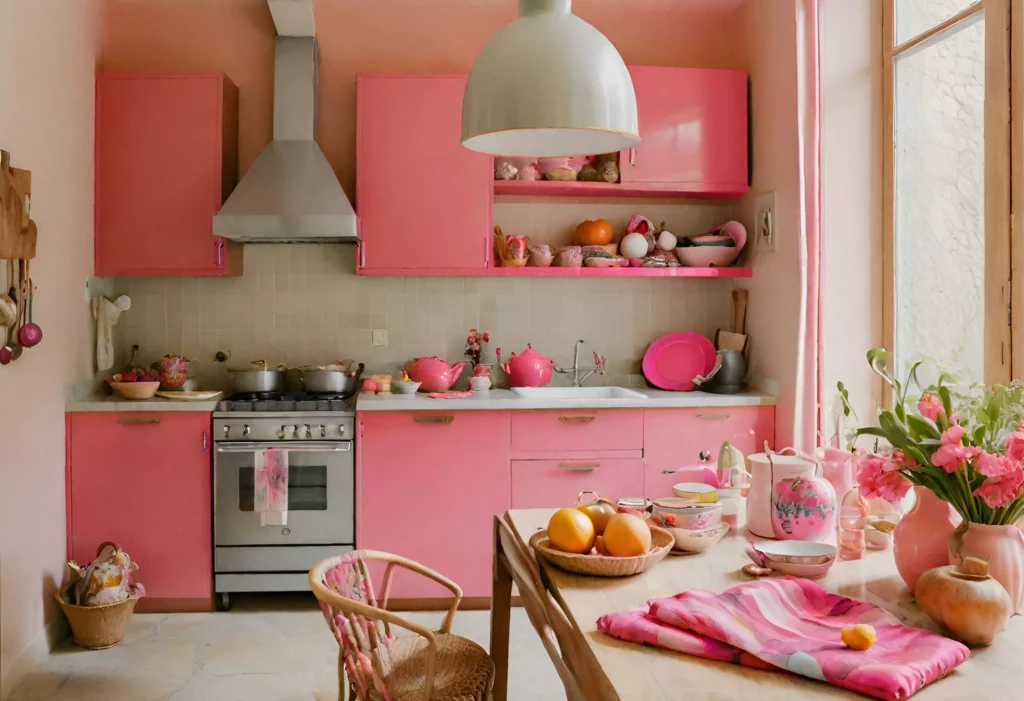 "Kitchen showcasing the vibrancy of pink with lively and bold shades. Vibrant pink accents, including kitchenware, textiles, and accessories, stand out against a neutral backdrop, creating a visually stimulating and lively atmosphere."