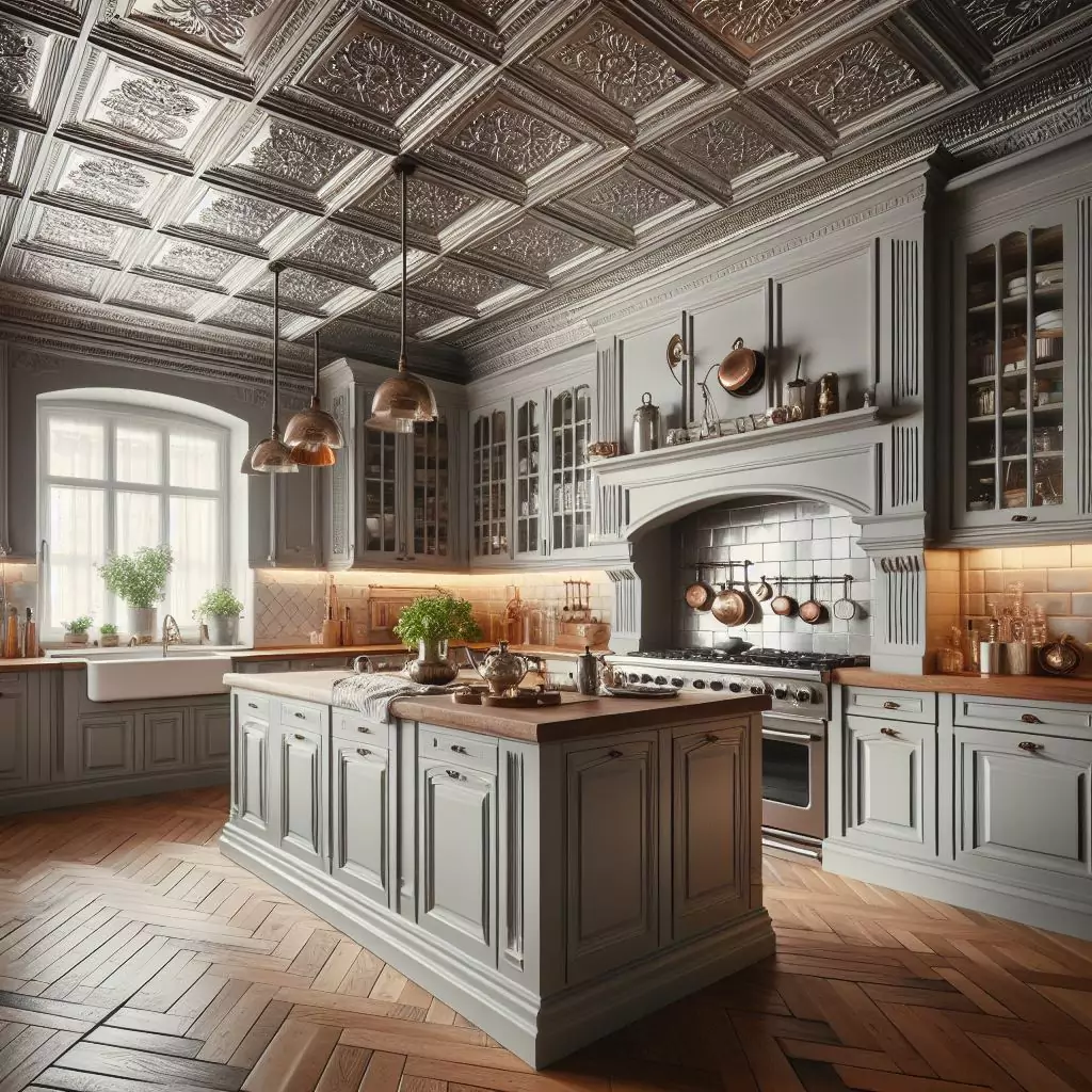 "Kitchen with vintage-inspired ceiling treatments, like tin tiles or beadboard, adding character and elevating the overall design of the space."
