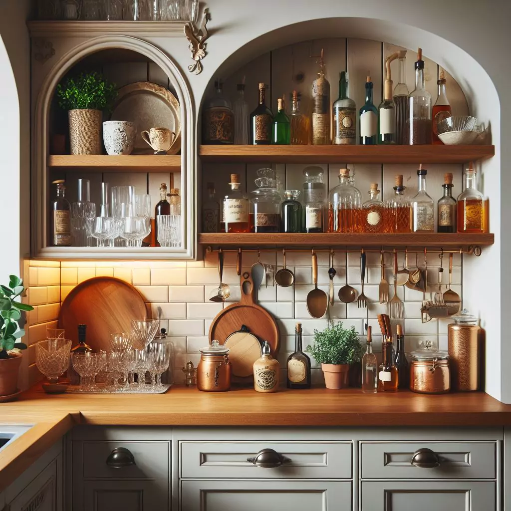 "Kitchen with a cozy home bar, showcasing vintage barware, classic bottles, and elegant glassware in a dedicated corner or alcove for a stylish and inviting space for entertaining."