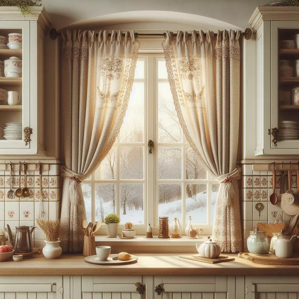 "Kitchen framed with vintage-inspired curtains, exuding timeless charm and creating a cohesive, stylish look with patterns and textures reminiscent of past eras."

