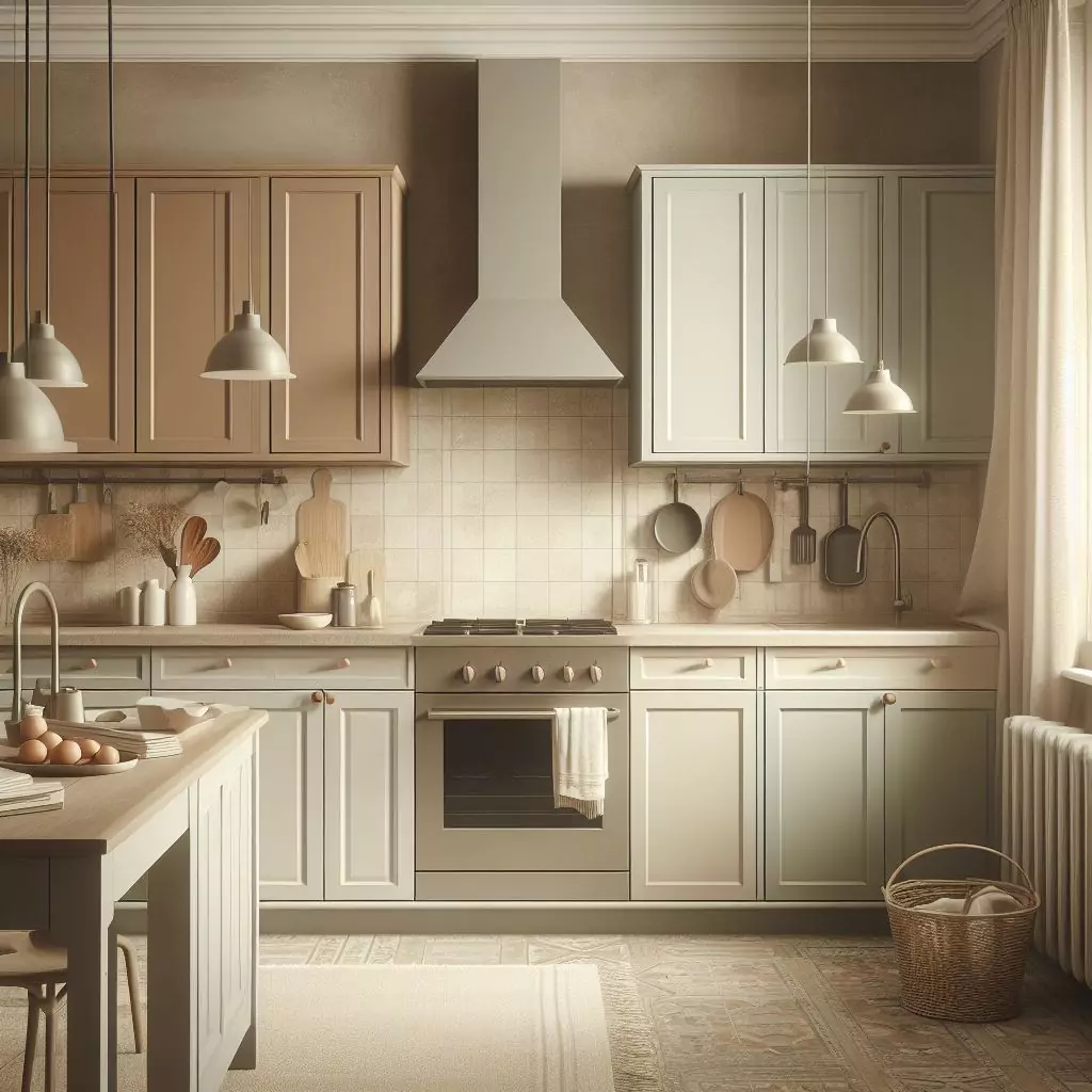 "Kitchen redefining neutrals with vintage tones like muted pastels, earthy browns, or soft grays, adding a sense of nostalgia and maintaining timeless elegance."