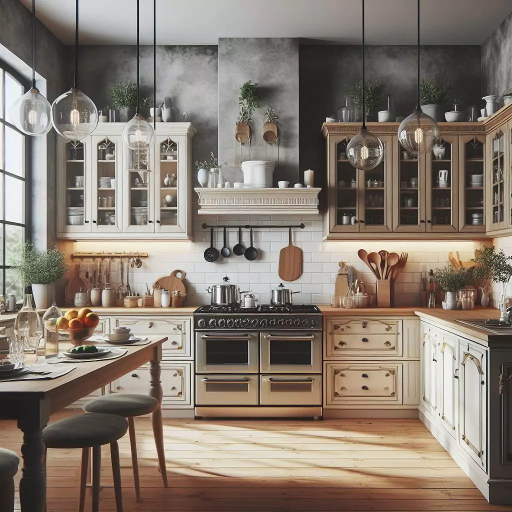 "Kitchen with a balance of vintage and modern elements, blending classic kitchenware with contemporary appliances for a harmonious and unique culinary space."