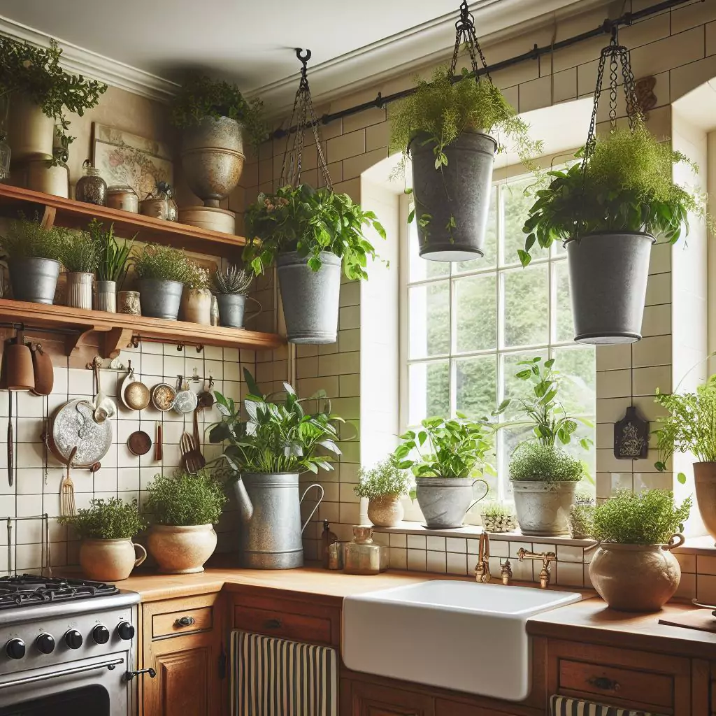 "Kitchen with vintage planters, adding a touch of greenery and timeless charm to windowsills, countertops, or hanging from the ceiling."
