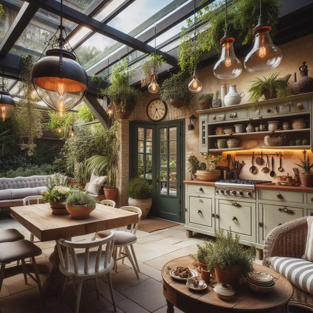 "Kitchen extending vintage charm outdoors, featuring classic outdoor furniture, vintage-inspired planters, and nostalgic lighting for a seamless transition between indoor and outdoor living."