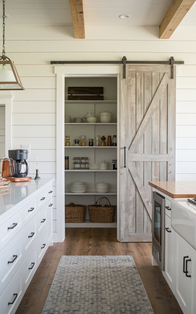 A farmhouse kitchen with a sliding barn door leading to the pantry. The barn door has a distressed wood finish, adding a rustic element while maximizing space and providing convenient access to pantry items.