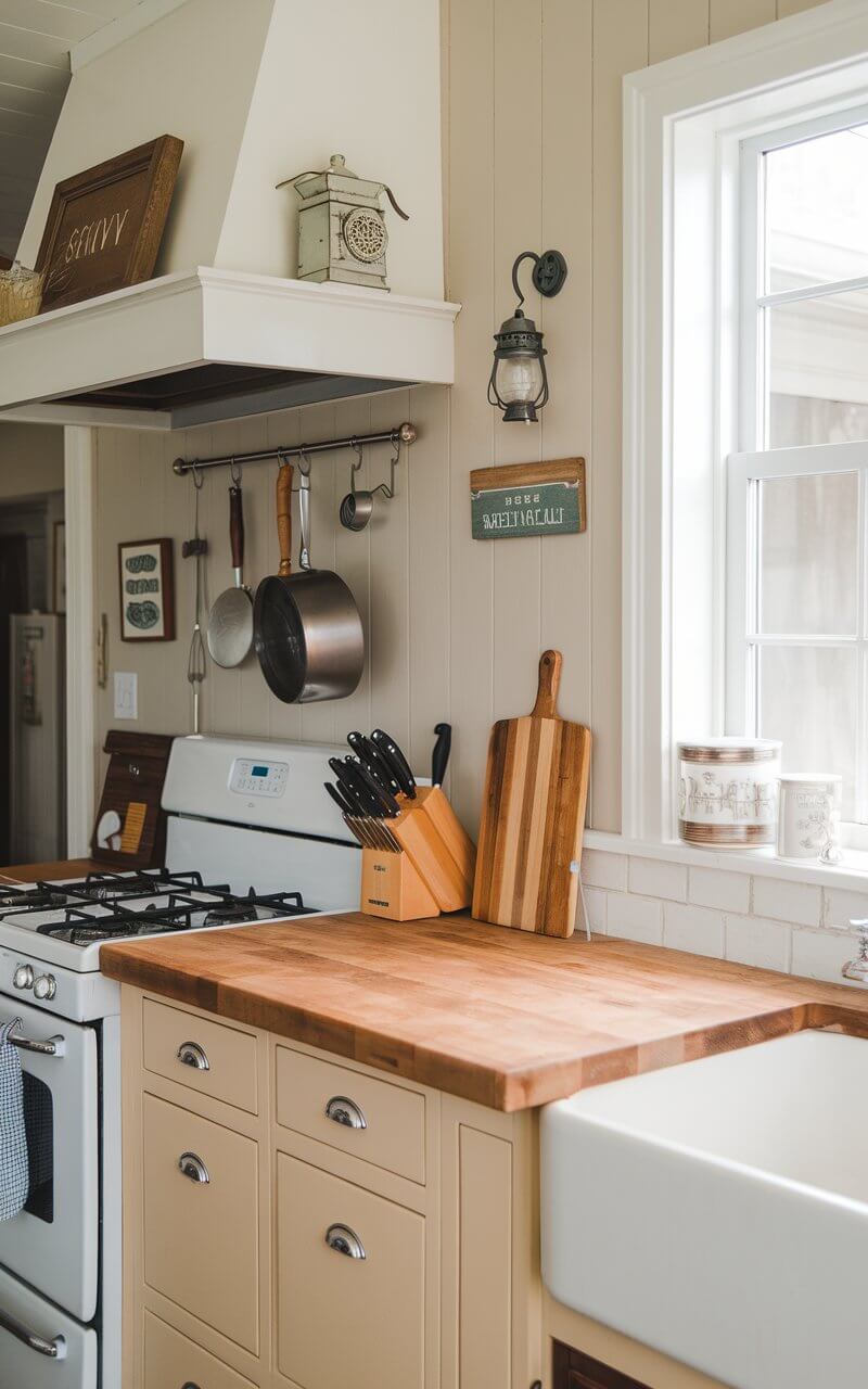 A photo of a farmhouse kitchen with a wooden butcher block countertop. The countertop is placed next to a white stove and a sink. There are several utensils placed on the countertop, including a knife and a cutting board. A pot is hung from a rack above the stove. The walls are painted beige and have a few decorative items, such as a lantern and a sign. A window near the stove allows natural light to fill the kitchen.