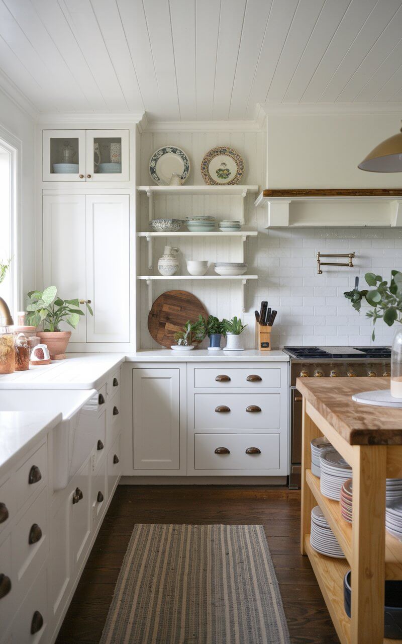 A photo of a farmhouse kitchen with crisp, classic white cabinetry. The cabinets provide a clean, bright aesthetic, making the kitchen feel spacious. Rustic wooden elements, like a butcher block island, offer contrast, while subtle decor such as potted plants and vintage plates complete the timeless farmhouse look.