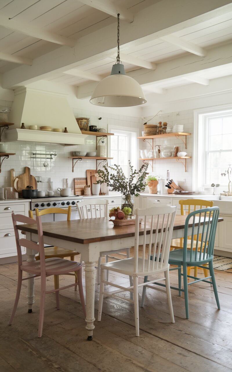 A farmhouse kitchen with a dining area features a mix of vintage-style chairs in different colors and finishes. The eclectic selection adds a personalized and charming touch to the kitchen, creating a welcoming space for family meals.