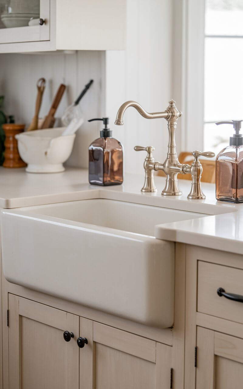 A photograph of a farmhouse kitchen with a deep, apron-front sink and vintage-style faucets. The sink is paired with rustic soap dispensers and is surrounded by light-colored cabinets, enhancing the space with a blend of practicality and vintage charm.