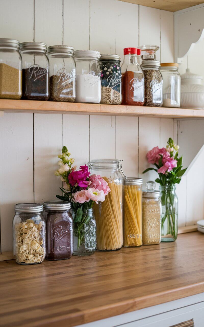 A photo of a farmhouse kitchen with a wooden countertop. There are mason jars on the countertop. The jars are filled with colorful spices, pasta, and fresh flowers. The jars are neatly arranged, adding both practical storage and decorative appeal to the space.