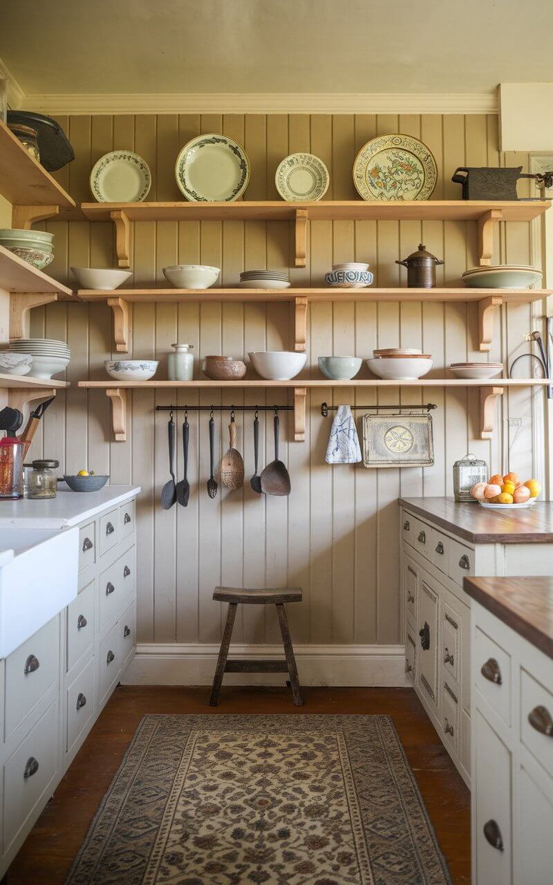 A photo of a farmhouse kitchen with open-frame shelving. The shelves are made of light wood and are mounted on the wall. They showcase vintage plates, bowls, and antique kitchen tools. There is a white cabinet below the shelves. The floor is covered with a patterned rug. There is a wooden stool placed near the shelves. The walls are painted beige. The room has a warm ambiance.