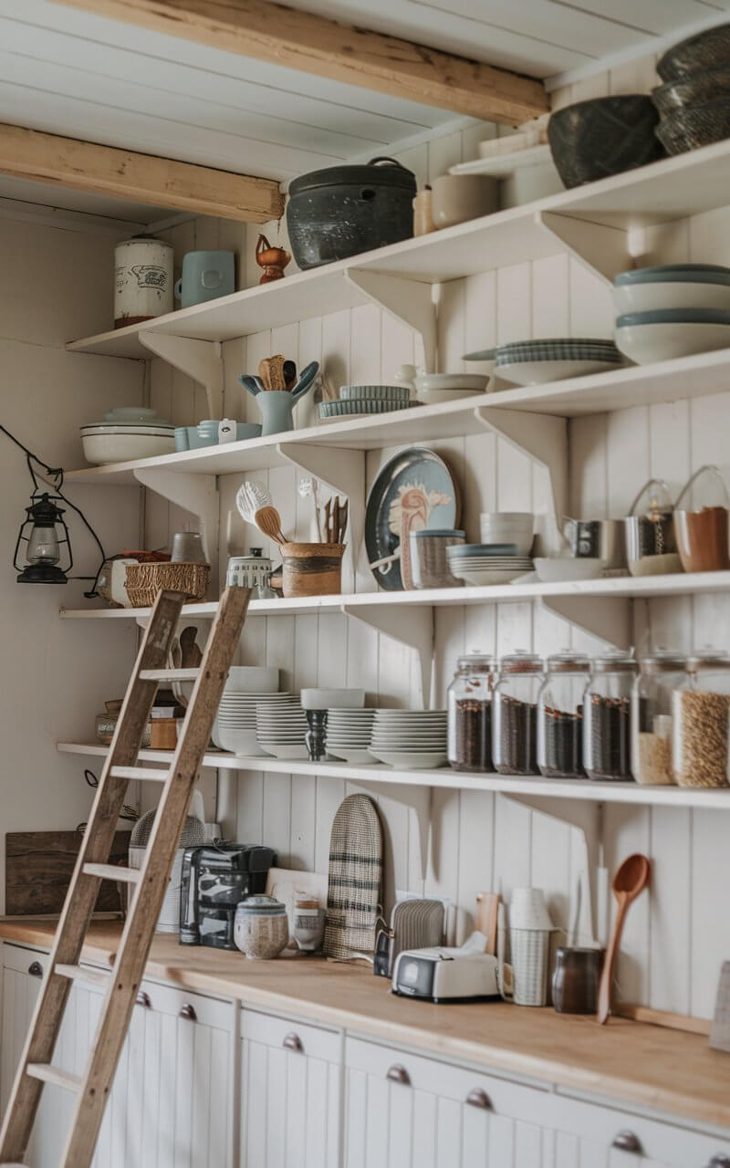 A photo of a farmhouse kitchen with open shelving from the floor to the ceiling. The shelves are filled with rustic dinnerware, vintage utensils, and mason jars filled with dried goods. There are also some decorative items, such as a lantern and a wooden spoon. The background includes light-colored walls with natural wood accents. There's a wooden ladder leaning against the shelves. The overall atmosphere is rustic yet functional.