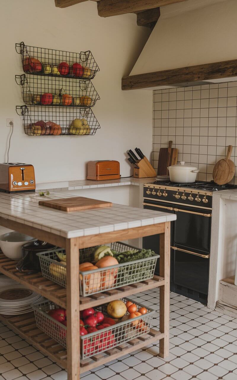 A farmhouse kitchen with an open wire basket on the wall near the stove and another two under the kitchen island, filled with fruits and vegetables. The kitchen has a rustic aesthetic with wooden elements and a white tile floor. There's a wooden toaster, a cast iron skillet, and a white pot on the stove.