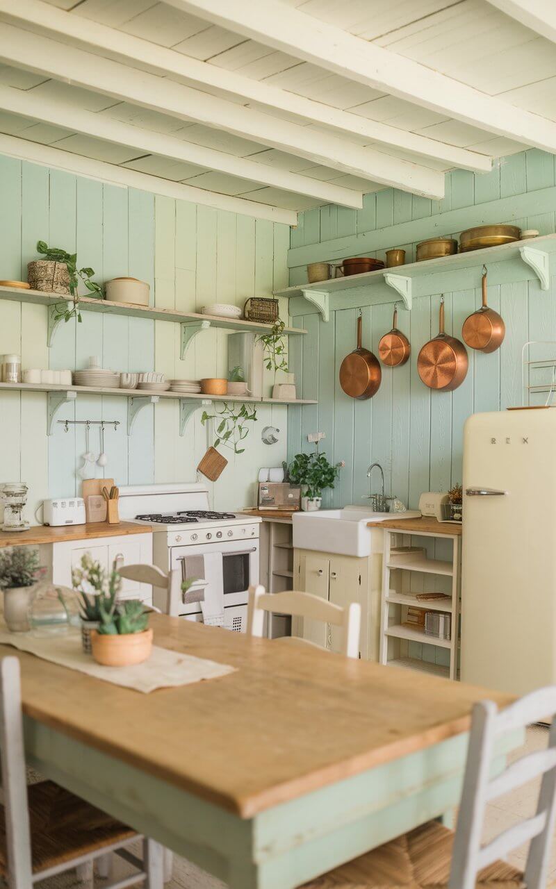 A light and airy farmhouse kitchen with soft pastel-colored walls in muted blues and greens. The calming colors complement the rustic elements, such as vintage wood shelves and copper pans hanging on the wall. The kitchen has a wooden table and chairs, a stove, a refrigerator, and a sink. There are also some plants and a few decorative items. The overall ambiance of the kitchen is warm and inviting.