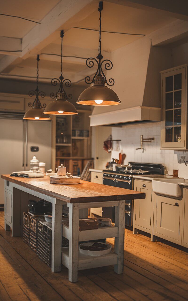 A farmhouse kitchen with a rustic island and pendant lights with wrought iron details. The kitchen is illuminated by the pendant lights, casting a warm glow across the space. The island has a wooden top and supports a few items. There are cabinets, a stove, and a sink along the wall. The flooring is made of wood.