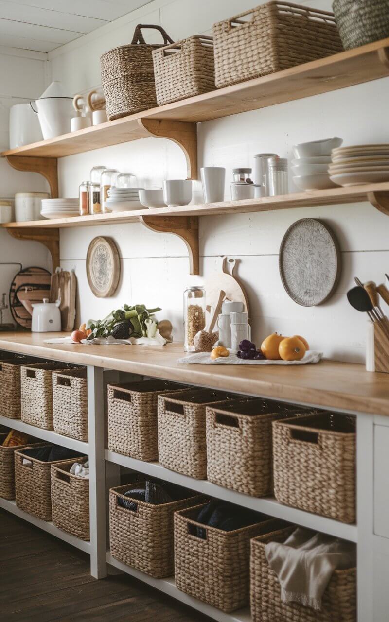 A photo of a farmhouse kitchen with open wooden shelves. The shelves are lined with woven baskets, which store various kitchen essentials like fruits, vegetables, and linens. The baskets add both texture and functionality to the space. There are wooden countertops and rustic wall decor, which complete the farmhouse aesthetic.