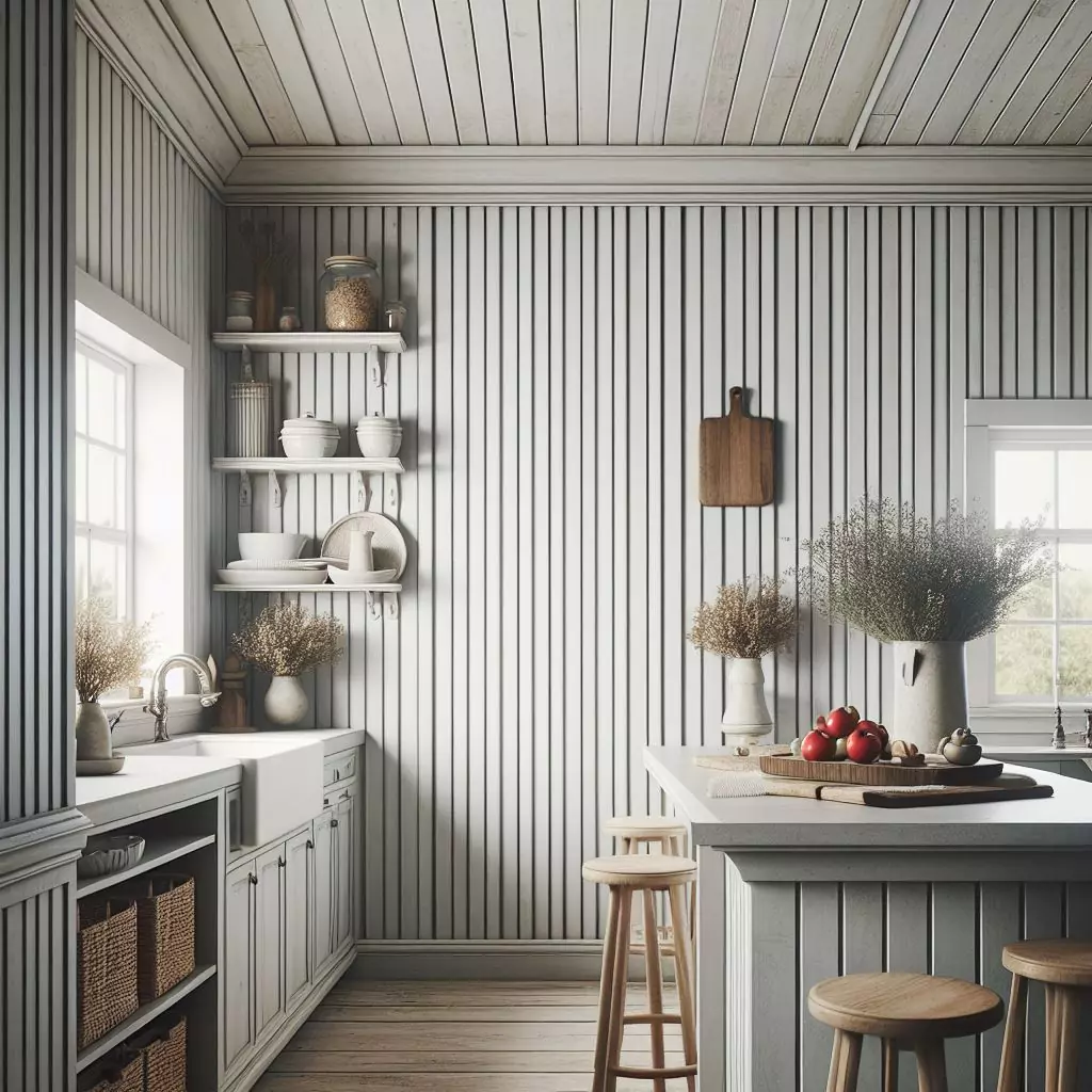 "Farmhouse kitchen with beadboard paneling used as a backsplash or wall paneling, adding texture and visual interest, creating a timeless and classic farmhouse look."