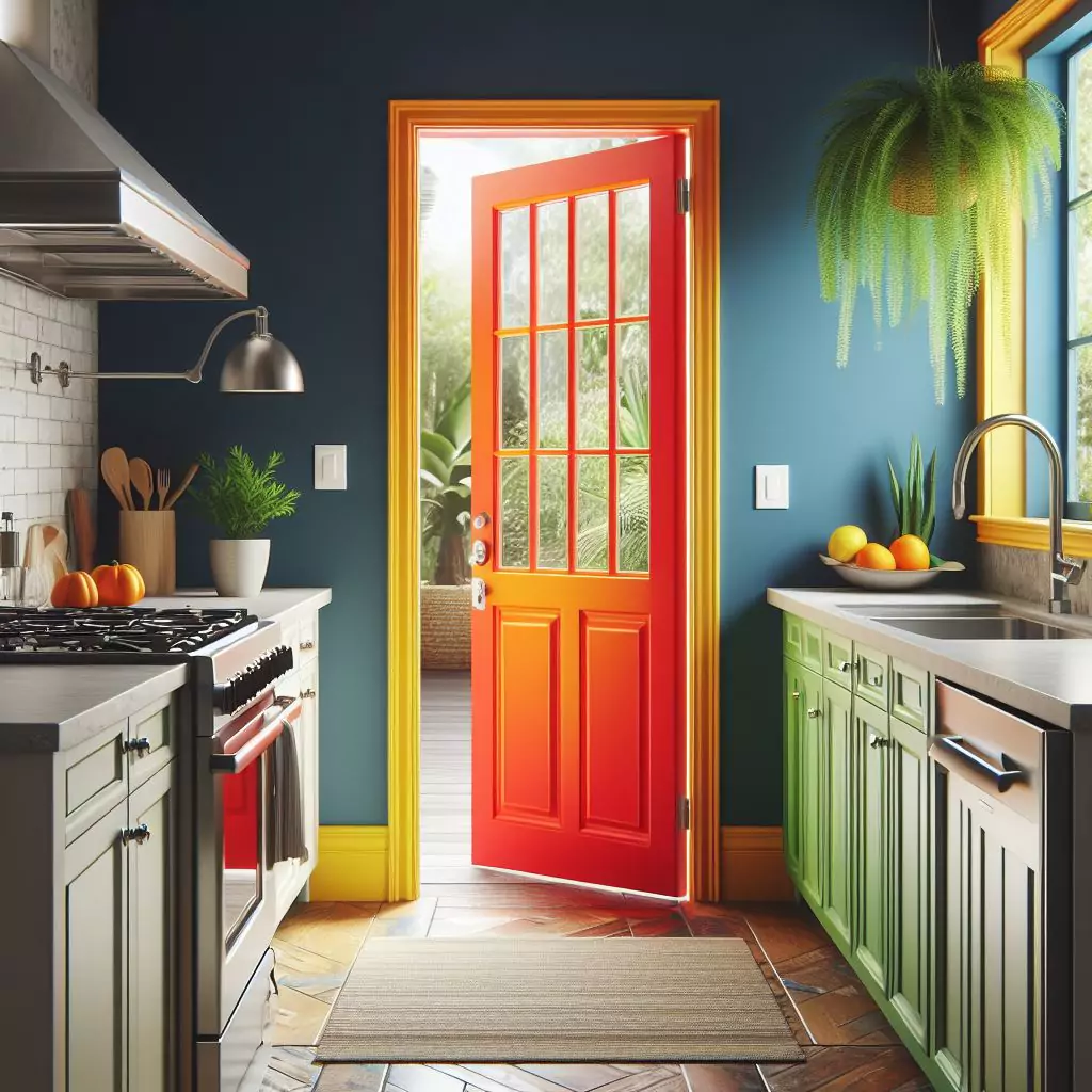 "Kitchen entryway with a vibrant paint color on the door, making a bold statement and adding personality to the space."
