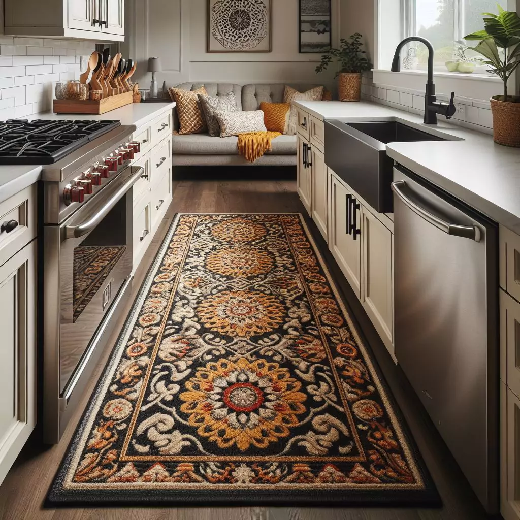 "Kitchen entryway featuring a bold runner on the floor, adding personality and creating visual interest."