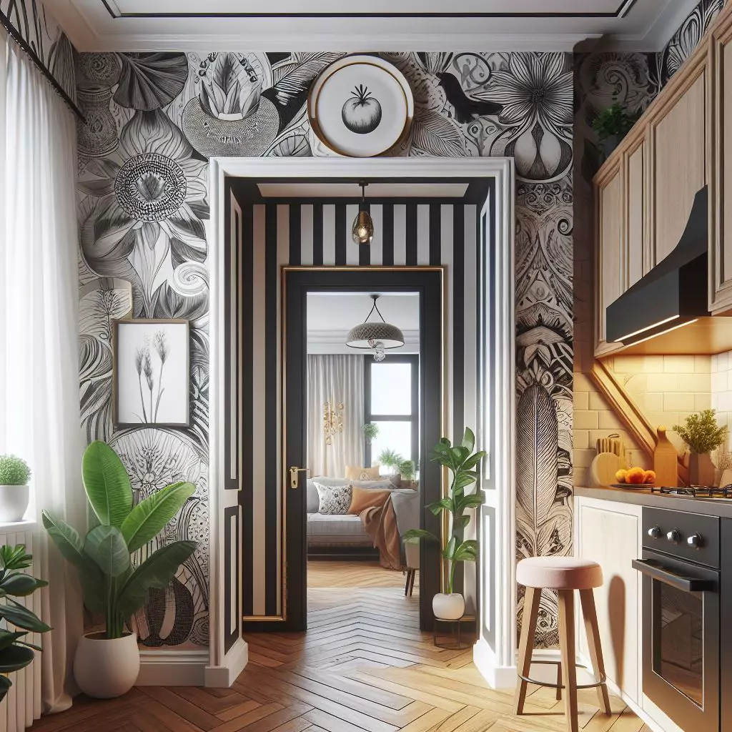 "Kitchen entryway with bold wallpaper, complementing the decor and creating a distinctive tone for the culinary haven."