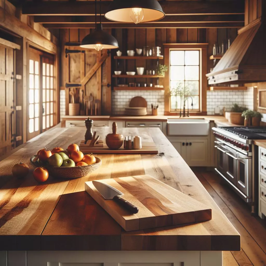 "Farmhouse kitchen with butcher block countertops, adding warmth and practicality with a rustic touch for a timeless and functional workspace."