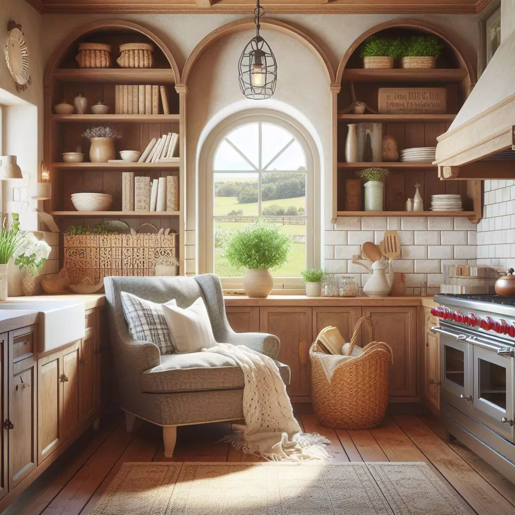 "Farmhouse kitchen with a cozy reading nook in a small corner, featuring a comfortable chair, throw pillows, and a bookshelf, adding warmth and inviting relaxation to the space."