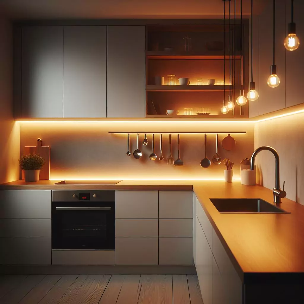 "Apartment kitchen with under-cabinet lighting, creating a cozy and well-lit ambiance for a practical and inviting workspace."