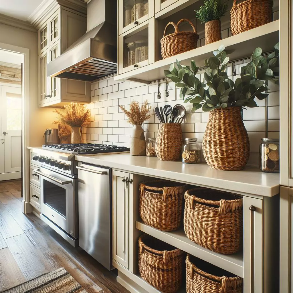 "Kitchen entryway adorned with woven baskets, adding warmth and natural charm for a cozy and inviting atmosphere."