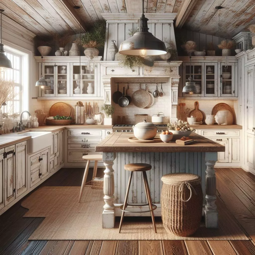 "Farmhouse kitchen embracing worn and weathered charm with distressed finishes, including distressed cabinets, furniture, or a distressed kitchen island, adding intentional aging for character and authenticity, creating a lived-in and inviting atmosphere."