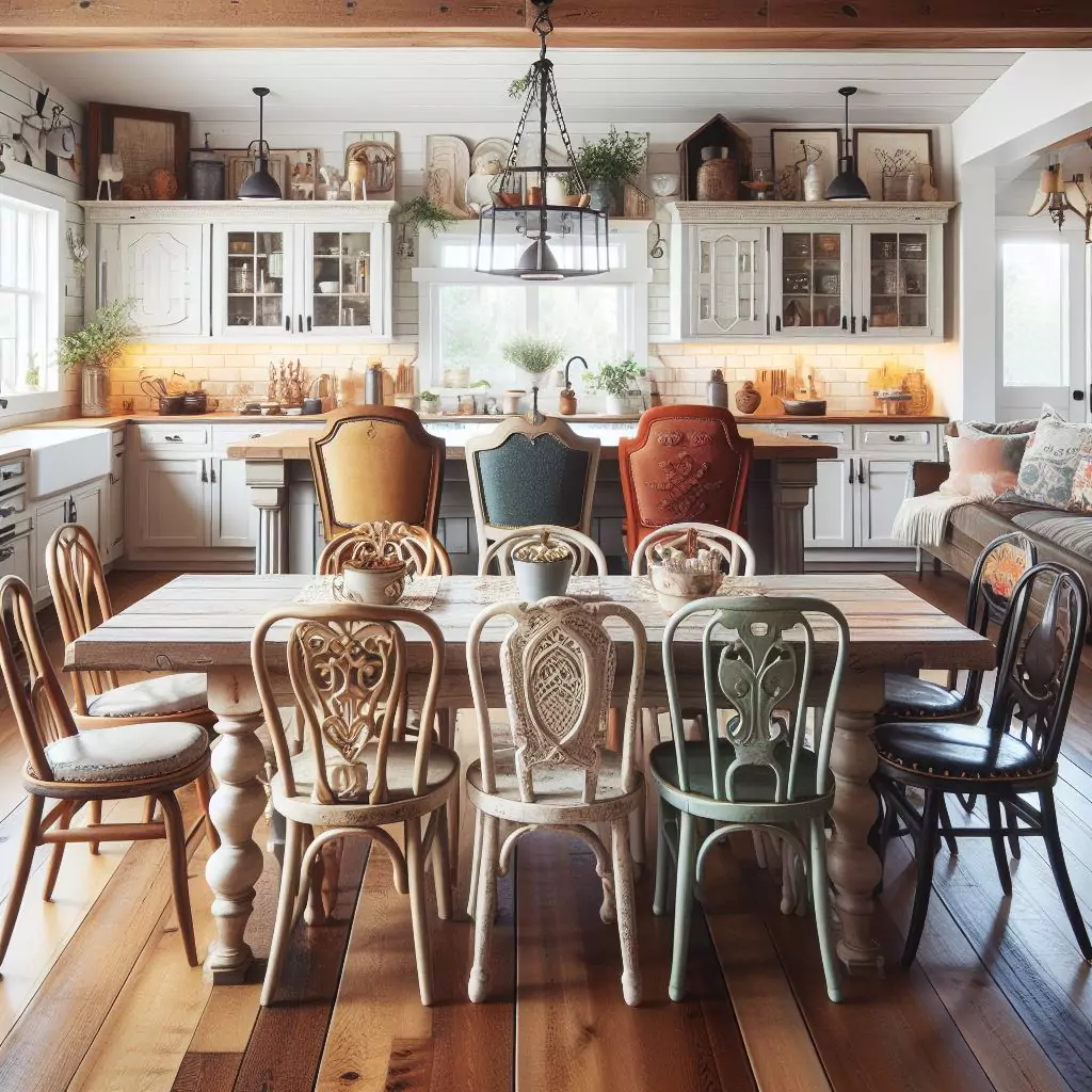 "Farmhouse kitchen with mix-and-match dining chairs, featuring a combination of vintage-inspired styles for a personalized and charming touch in a welcoming space."