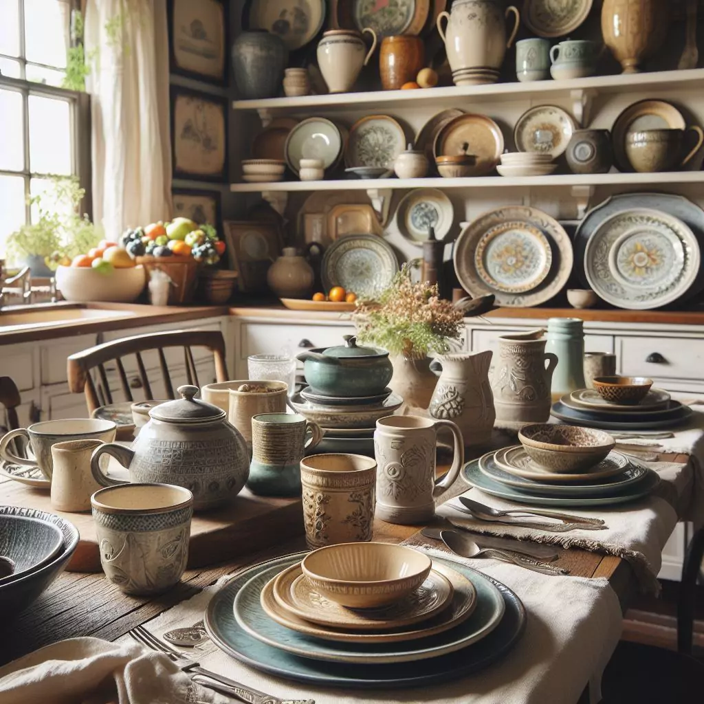 "Farmhouse kitchen with eclectic charm, mixing and matching dinnerware including vintage plates, mismatched mugs, and textured bowls, creating a curated and charming table setting with visual interest and a laid-back, welcoming atmosphere."