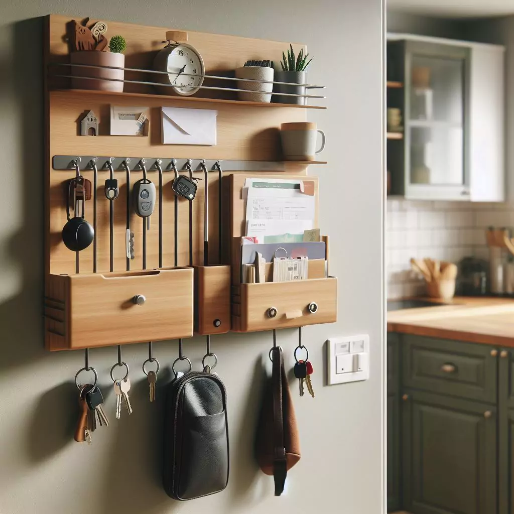 "Wall-mounted organizer in the kitchen entryway, keeping keys, mail, and essentials in check for a clutter-free and organized space."