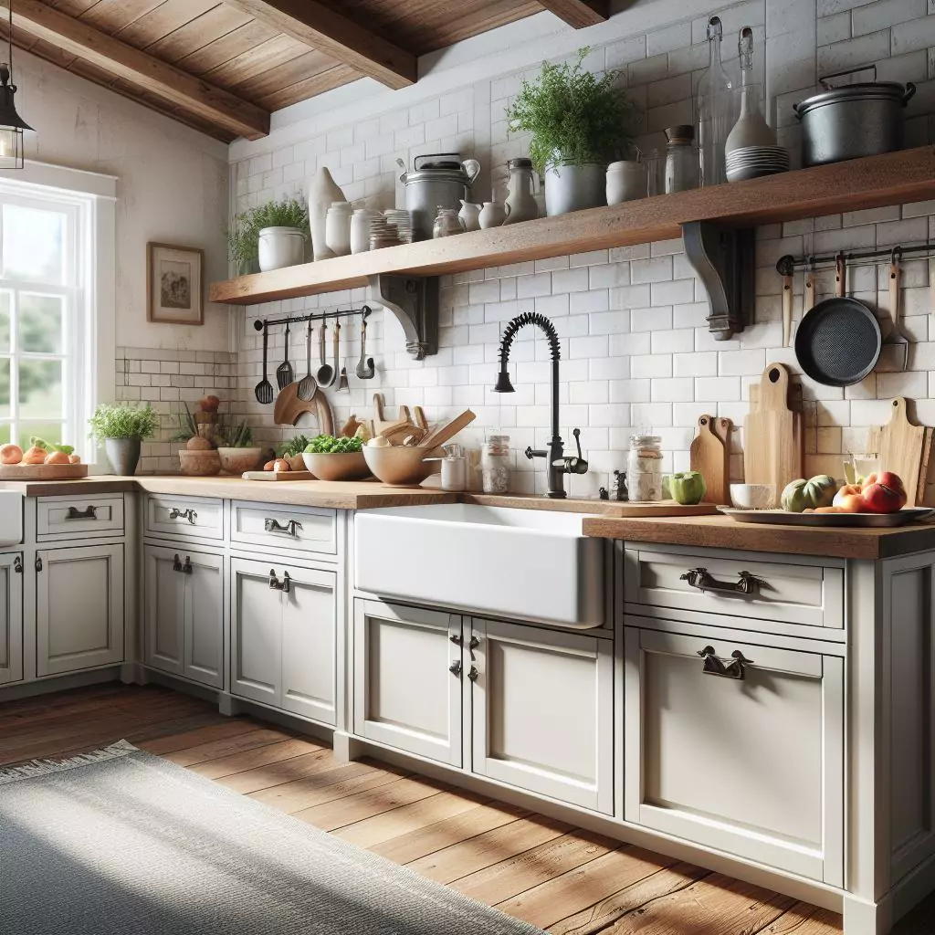 "Farmhouse kitchen with a farmhouse-style apron sink featuring an exposed front and a deep basin for accommodating large pots and pans, adding distinctive charm and practical benefits."