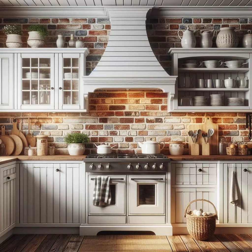 "Farmhouse kitchen with a rustic-inspired backsplash featuring subway tiles, beadboard, or brick patterns, creating a timeless and visually appealing backdrop for farmhouse elegance."