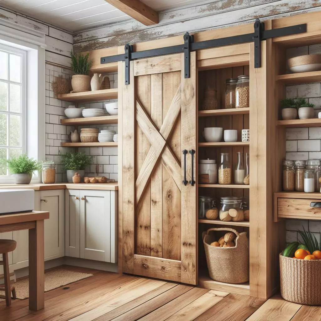"Farmhouse kitchen with a sliding barn door replacing traditional pantry doors, adding rustic charm and maximizing space for convenient access to pantry items."