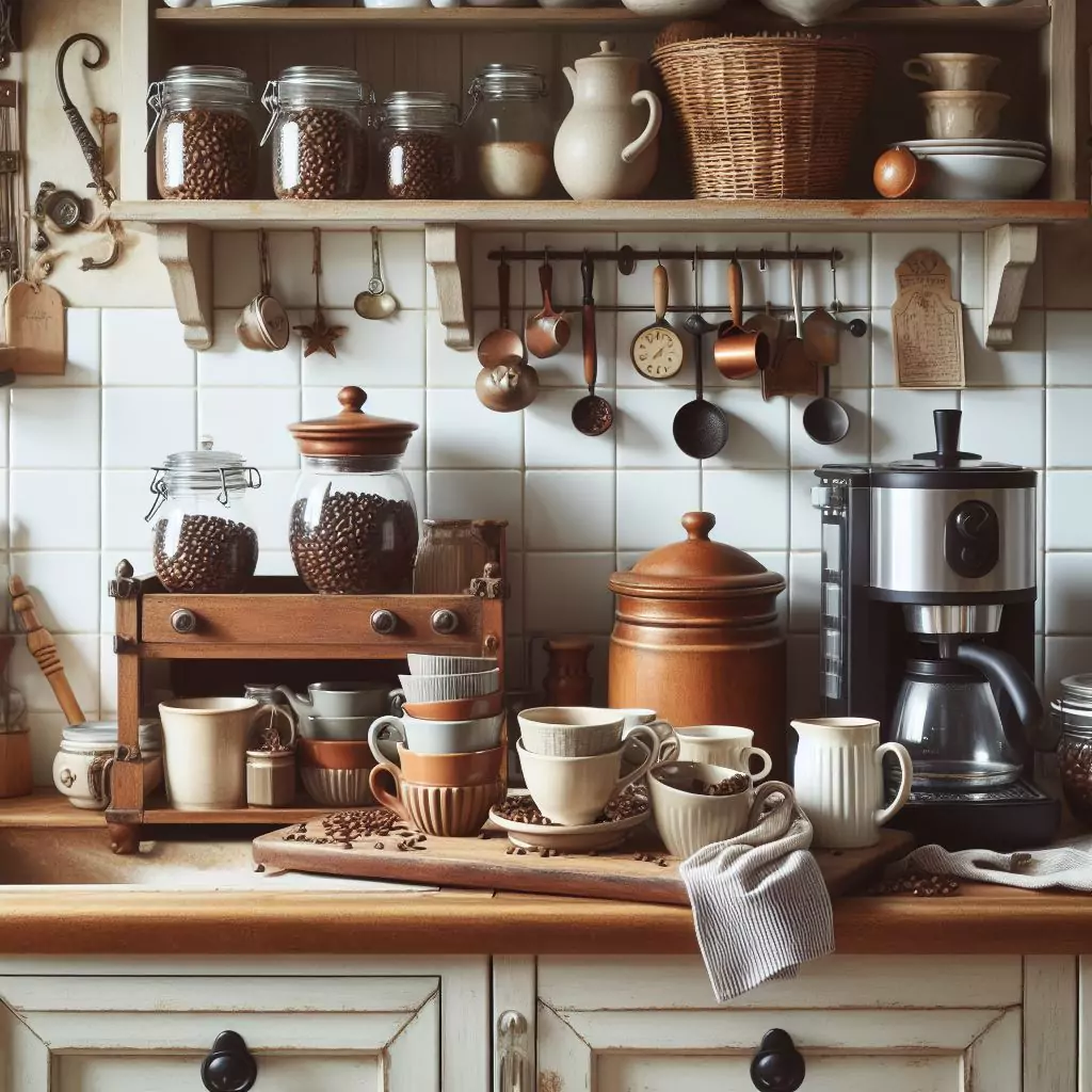 "Farmhouse kitchen with a charming coffee station featuring vintage mugs, a coffee maker, and assorted coffee beans on a dedicated countertop or cart, adding a practical element and creating a cozy spot for coffee enthusiasts."