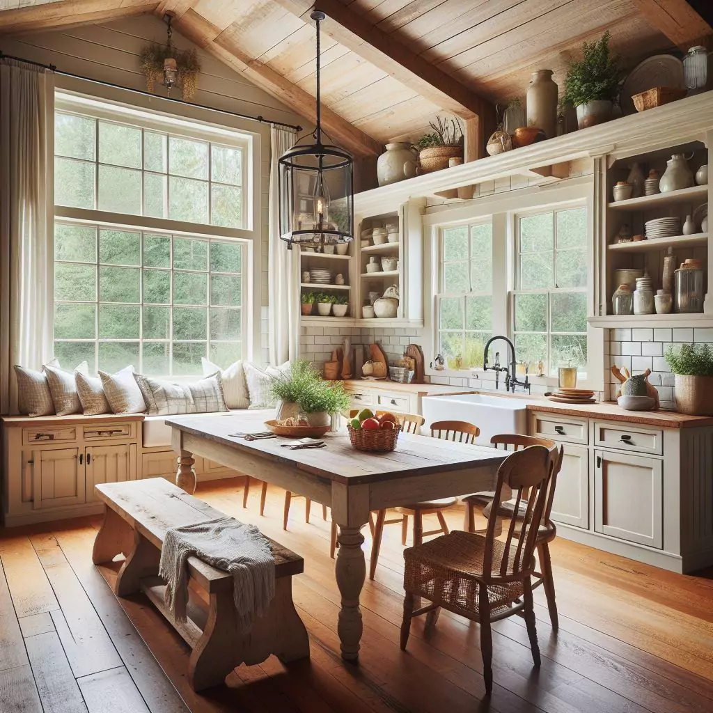 "Farmhouse kitchen with a cozy dining nook featuring built-in benches and mismatched chairs around a rustic table, creating a communal and inviting atmosphere for family meals."