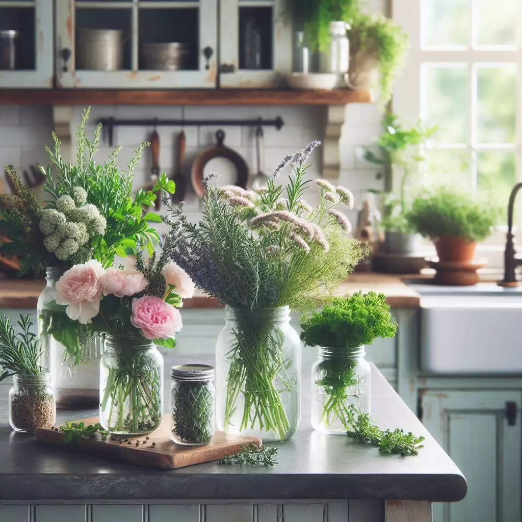 "Farmhouse kitchen accessorized with fresh herbs and flowers in mason jars or rustic vases, adding color and a refreshing aroma to the space."